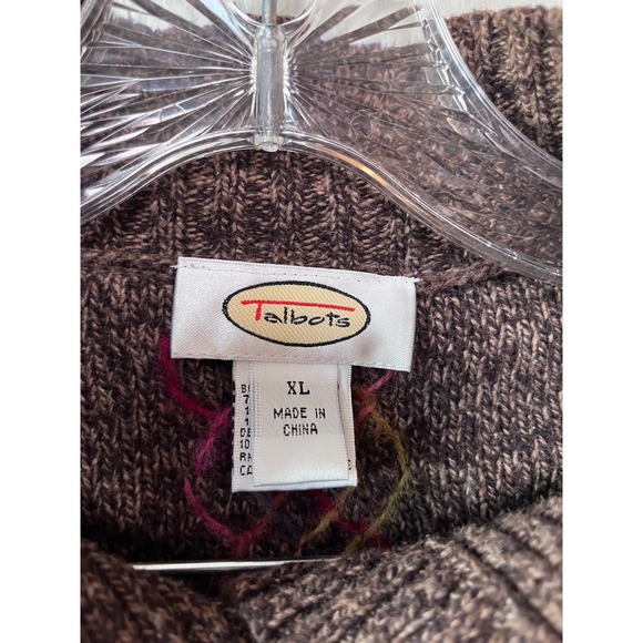 Talbots Womens XL Brown Marled Cardigan Multi Color Cable Knit Pom Pom Sweater - Picture 3 of 5